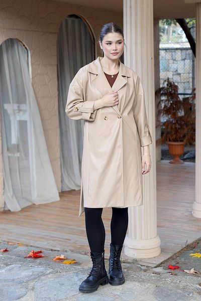 Rays 7327a Trench cu centură din piele artificială model Camel - Detaliat nasturi