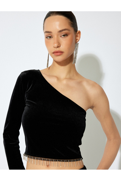 Koton Slim Fit Uzun Kollu Taşlı Tek Omuz Kadife Body