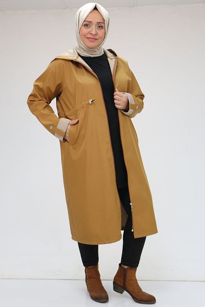 Eslina 43053 Plus Size Hooded Striped Trench Coat - Camel
