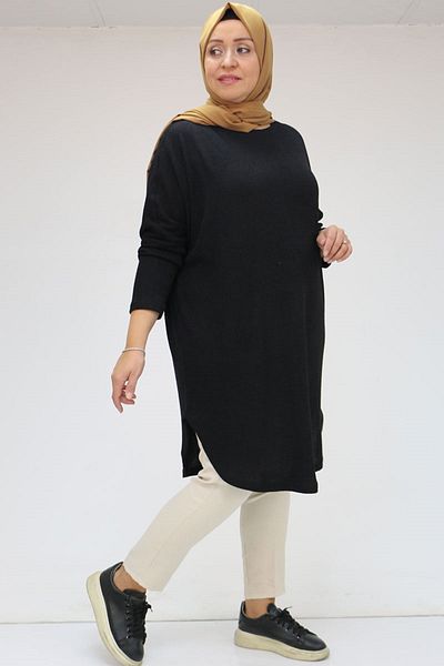 Eslina 38172 Plus Size Χαμηλό μανίκι Mir Πλεκτό τουνίκ-Μαύρο