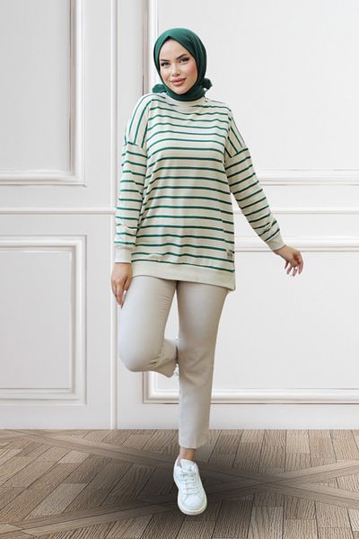 LumiDress Women's Hijab Clothing Green Striped Hijab Tunic Hijab Sweatshirt