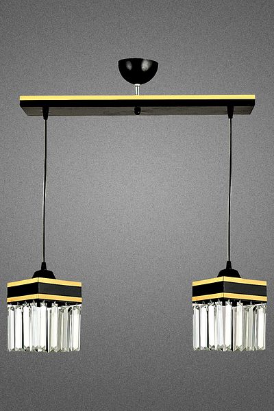 SONSUZ AYDINLATMA&AVİZE Infinite 2-Piece Black Pendant Lamp Row Crystal Stone Yellow Strip Square Downward Facing Luxury Chandelier