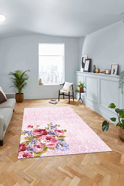 Viyana Home Modern Dijital Kaymaz Taban Renkli Çiçek Model Yıkanabilir Yolluk...