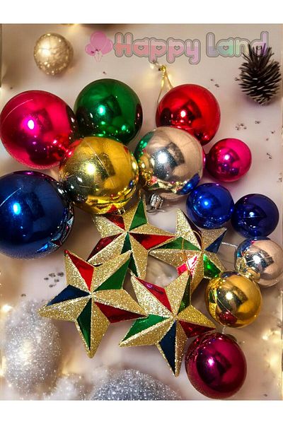 Happyland Christmas Tree Set with Colorful Stars - 16 Pieces (6cm and 4cm Colorful Balls and Stars)