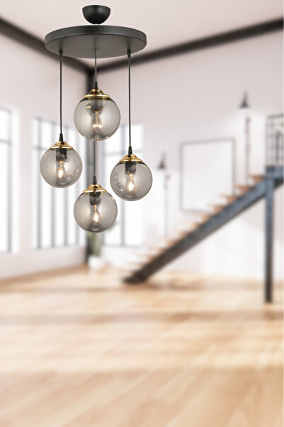 SONSUZ AYDINLATMA&AVİZE Sonsuz Sarkıt Tepsi Siyah 4'lü Füme Glop Top Camlı Dü...