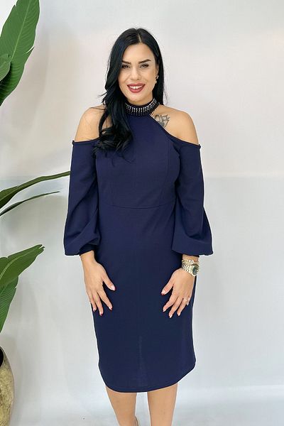 GÖKSEL Rhinestone Plus Size Dress with Shoulder Detail - Navy Blue