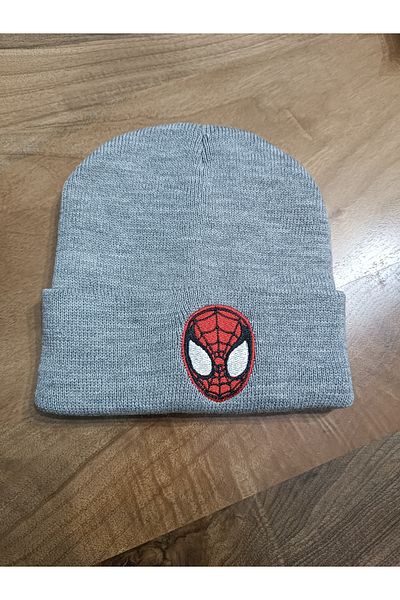 Blotch Spiderman Embroidered Gray Color Boy's Knitwear Knitted Beanie