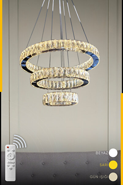 NEW Üçlü Halka Kristal Ledli Uzaktan Kumandalı Avize, Salon Oturma Odası Aviz...