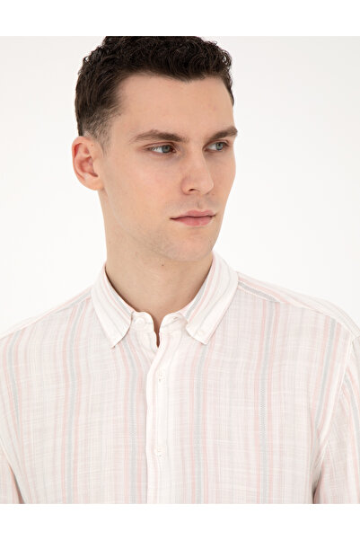 Pierre Cardin Açık Pembe Keten Karışımlı Regular Fit Uzun Kollu Gömlek 50283522-VR078