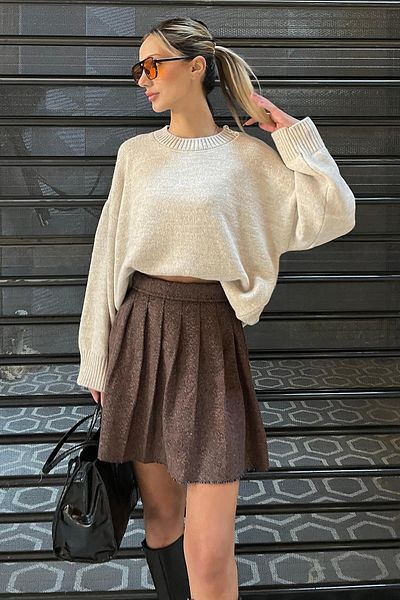 Madmext Кафява карирана дамска плисирана пола Mg2248