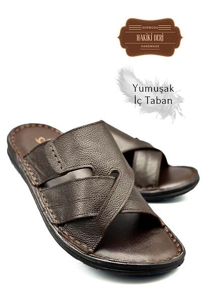 sermoda Ανδρικές παντόφλες από γνήσιο δέρμα - Light and Şır Brown G