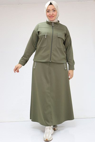 Eslina 47083 Khaki Plus Size Stand Collar Zippered Skirt and Jacket Set