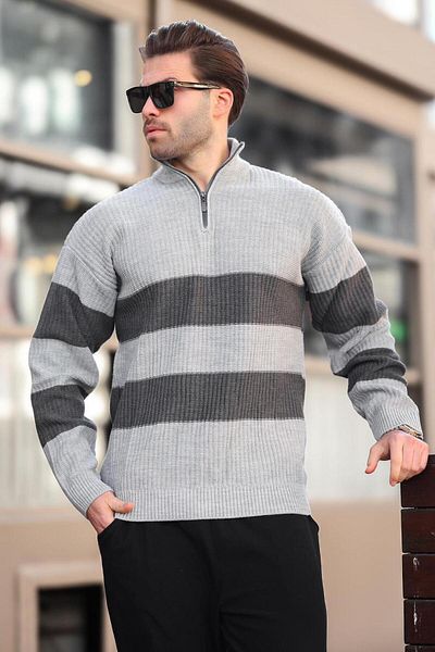 Madmext Gray Zipper Collar Striped Men's Sweater E7272