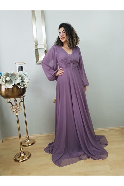 FERGAN فستان سهرة نسائي من LILA DRAPE بأكمام منتفخة من الشيفون