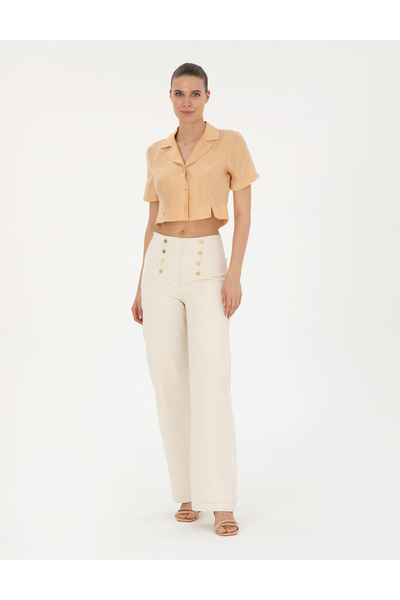 Pierre Cardin Bej Keten Karışımlı Slim Fit Crop Gömlek 50284703-VR011