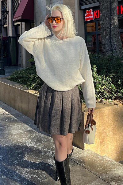 Madmext Bej Ekose Desen Kadın Pileli Etek MG2248