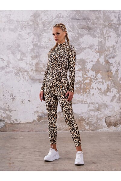 lismina Leopar Desen Uzun Kollu Spor Tayt Tulum