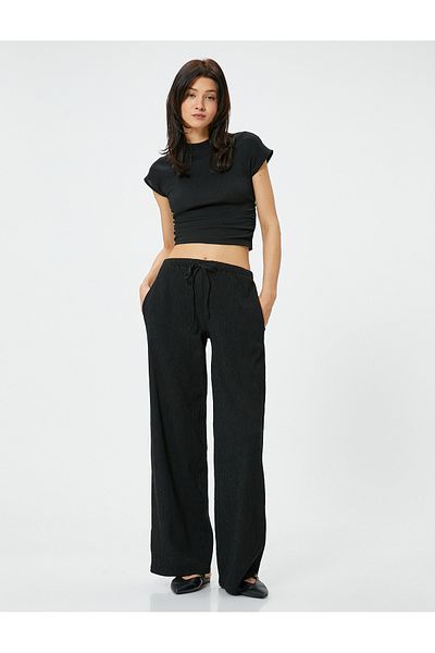 Koton Crop T-Shirt Short Sleeve Draped Stand Collar Textured