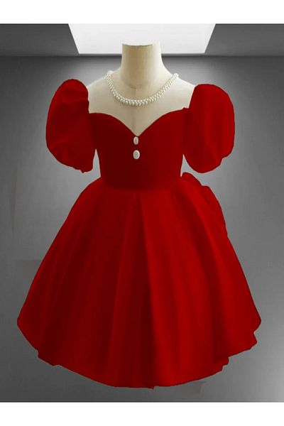 MUSGEM Special Design Red Short Sleeve Pearl Detailed Girls' Evening Dress
