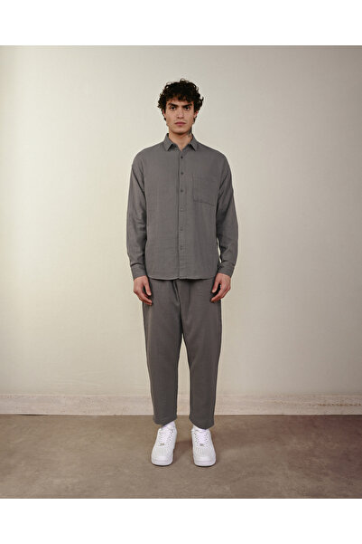 İLKCET MODA Чоловіча сорочка з довгими рукавами, антрацитового кольору, з мусліну