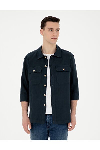 Pierre Cardin قميص كتان أزرق داكن مريح بأكمام طويلة 50287504 -VR033