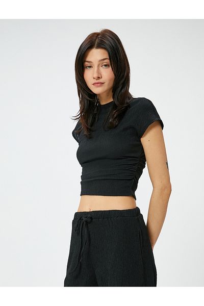 Koton Crop T-Shirt Short Sleeve Draped Stand Collar Textured