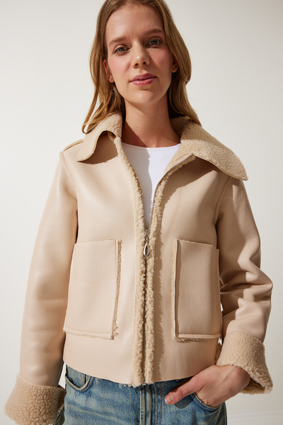 Lovelyİstanbul Kürk Yaka Geniş Cepli Suni Deri Ceket KREM LTP0011