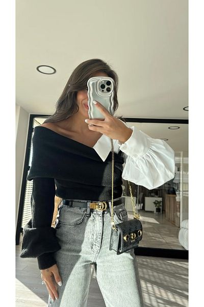 BERİ BUTİK Cămașă de damă cu guler negru Pulover tricotat cu detalii