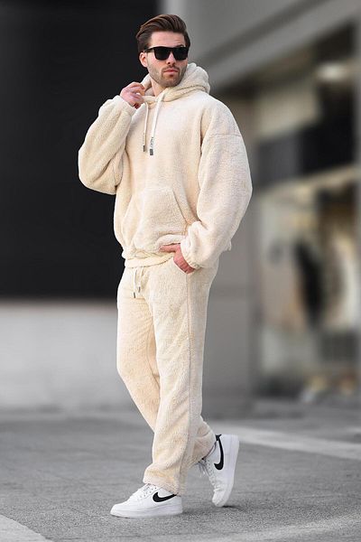 Madmext Σετ ανδρικής φόρμας μπεζ με λεπτομέρεια Fleece E5961