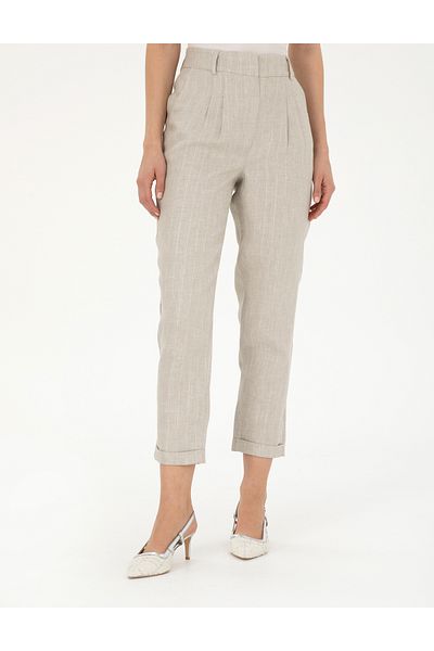 Pierre Cardin Beige Linen Blended Carrot Fit Trousers 50285479 -Vr011