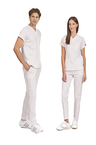 Brl Üniforma زي طبيب وممرضة ليكرا للجنسين بدلة جراحية باللون الأبيض الفاتح | ...