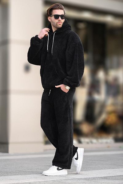 Madmext Μαύρη τσέπη Λεπτομερής ανδρική φόρμα Fleece Σετ E5961