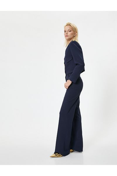 Koton High Waist Spanish Leg Trousers - Applique Fabric, Double Pocket Detail