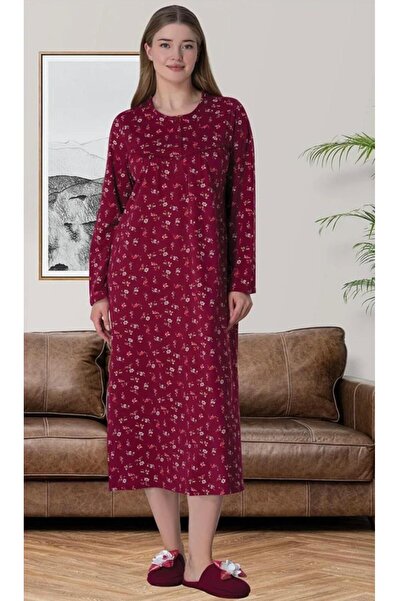 EM&FA TEKSTİL 6025 كلاريت ريد 100% قطن مقاس كبير ثوب نوم نسائي