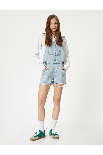 Koton Jeans Salopet Extra Mini Größe Beine mit Quasten Tasche Bequeme Passform