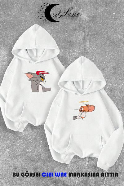NEVERMIND Lover Couple Combination - Σετ φούτερ με κουκούλα με στάμπα Devil, Tom, Angel Jerry 2 τμχ + 3 κλωστές