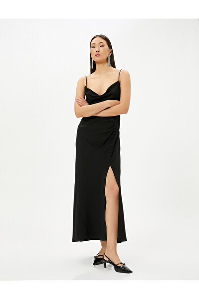 Koton Κοσμήματα λουράκι μακρύ φόρεμα με κουμπιά με σχισμή με λεπτομέρεια με λαιμόκοψη ασύμμετρη κοπή