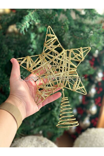 QUEEN AKSESUAR Πολυτελές στολίδι από πεύκο μεγάλου μεγέθους 25 εκατοστών, μεταλλικό χρυσό, ασημί αστέρι, στολίδι