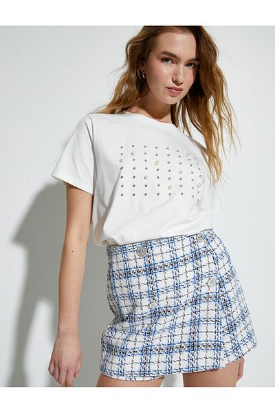 Koton Mini Tweed Shorts Skirt Normal Waist Buttoned