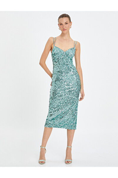 Koton Μίντι Μολύβι Φόρεμα με παγιέτες με λεπτές διπλές τιράντες γιακάς καρδιάς