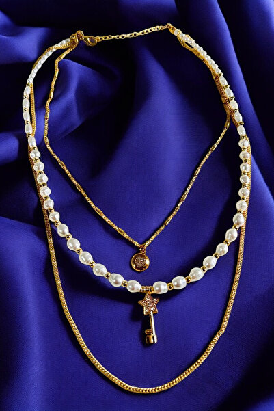 PETEK AKSESUAR TAŞLI YILDIZ ANAHTAR İNCİLİ ZİNCİR ÇOKLU KOLYE KOLYE