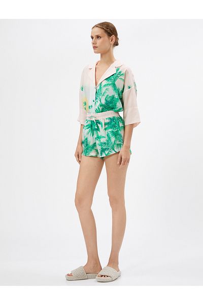 Koton Pyjamahose Shorts mit tropischem Muster und Schnürung an der Taille Liyosel