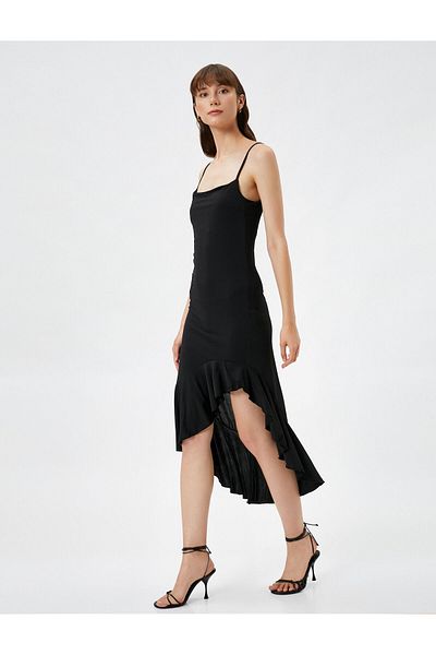 Koton Ασύμμετρο βολάν Φόρεμα Midi λεπτές τιράντες Slim Fit
