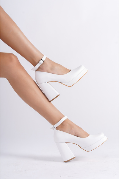 Moda Değirmeni Pantofi cu toc cu platformă pentru femei White Skin BG1115-119-0006