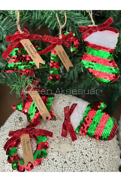 QUEEN AKSESUAR Sequin Green Red Luxury Christmas Tree Ornament and Star Garland Walking Stick Candy Pine Decoration Ornament Set