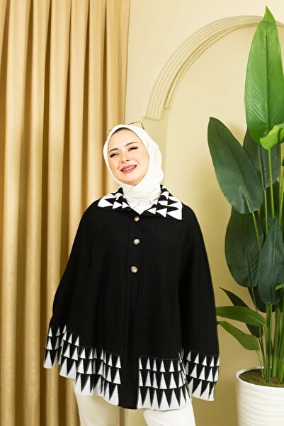 b buhari bykoc γυναικείο πλεκτό πόντσο με τριγωνικό σχέδιο με κουμπιά γιακά