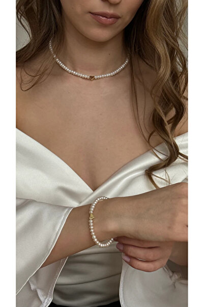 babel Gerçek İnci Kolye Ve Bileklik Seti Kalp Detaylı 4-5mm En Üst A kalite