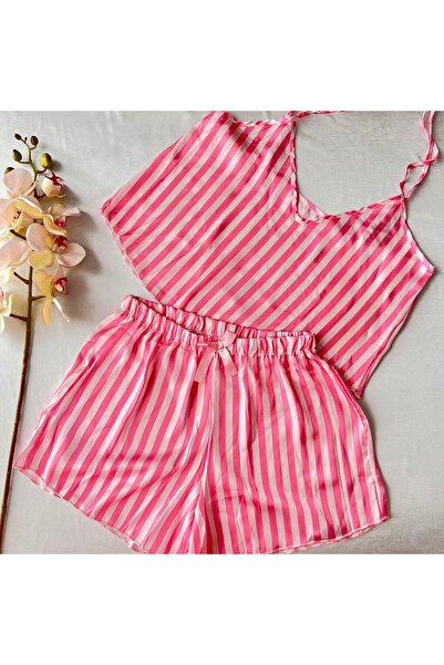 KARAZ İp Askılı Şortlu Saten Şık Gecelik - Çizgili Pembe Beyaz