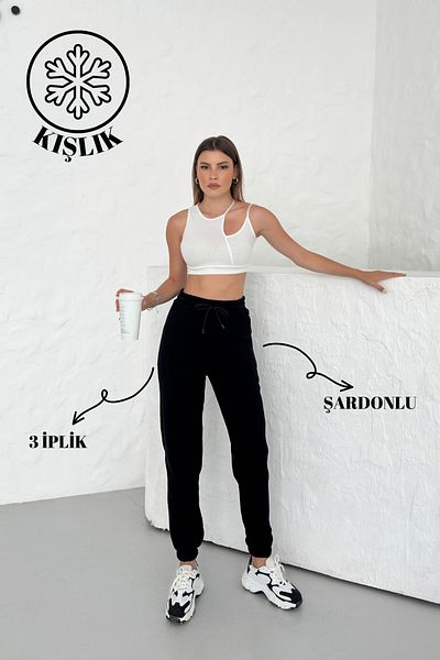 Babelook Pantaloni de sport de jogger din lână neagră de iarnă pentru femei
