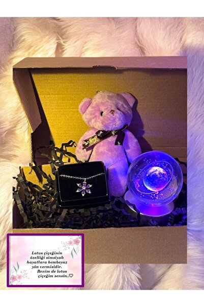 Lapidaria Ayıcık, Lotus Kamelya Çiçeği Kolye ve Satürn Temalı Işıklı  Dolunay 3d Led Işıklı Cam Küre Hediye